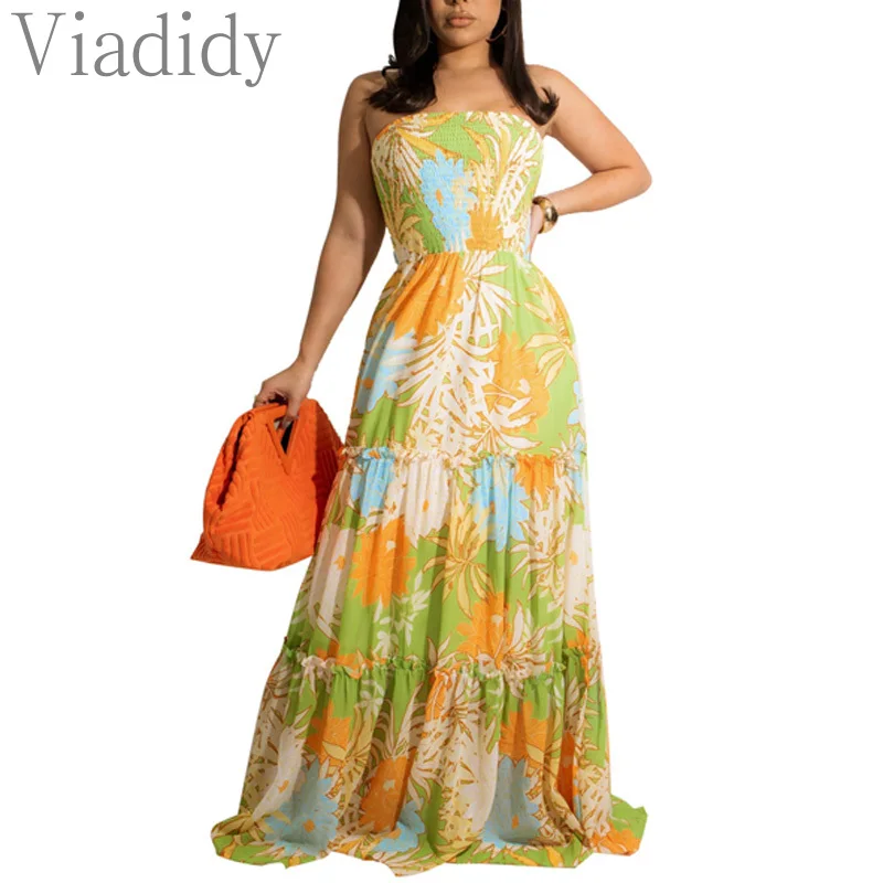 

Women Sexy Print Sleeveless Bandeau Chiffon Big Swing Maxi Dress