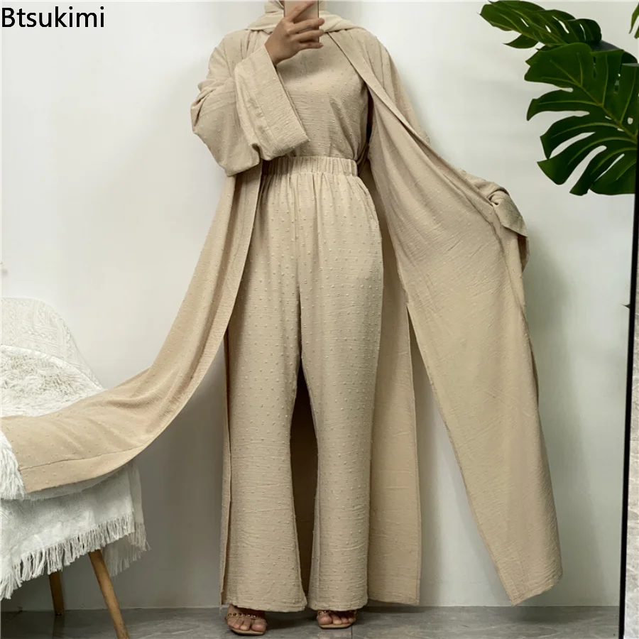 

3 Piece Abaya Set Matching Muslim Suit Women Kimono Abayas Sleeveless Inner Hijab Dress with Pant Islam Ensemble Femme Musulmane