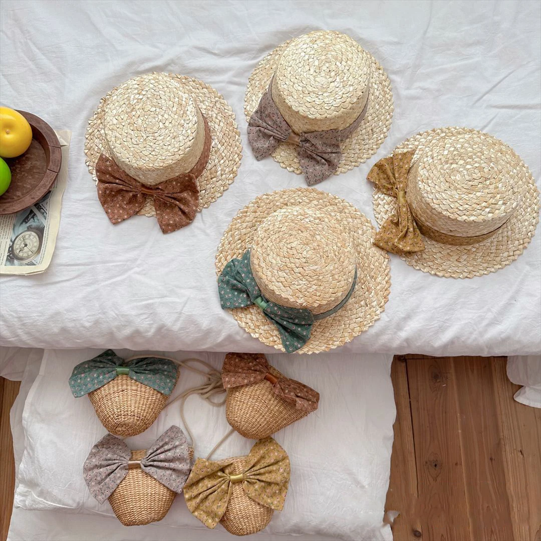 

NS Style Summer Straw Sunhat For Kids Girls Straw Bag With Floral Bowknot Hepburn Style Outdoor Beach Hat Beach Bag Sunshade Hat