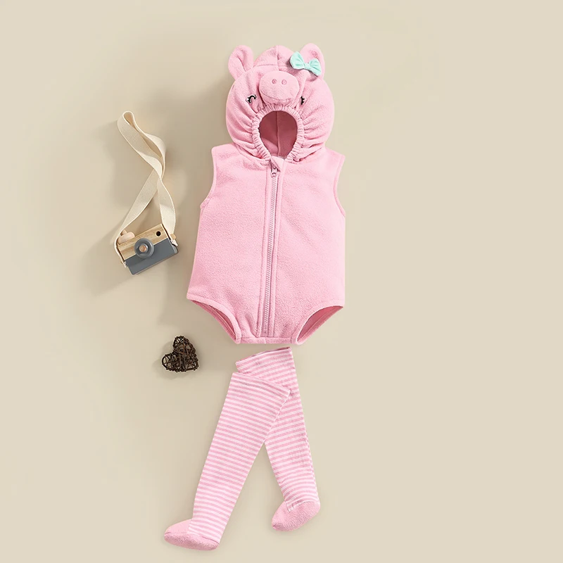 0-24M Newborn Infant Baby Boy Girl Bodysuit Cute Sleeveless Hooed Jumpsuit Animal Clothing Legging 2Pcs Outfit Set