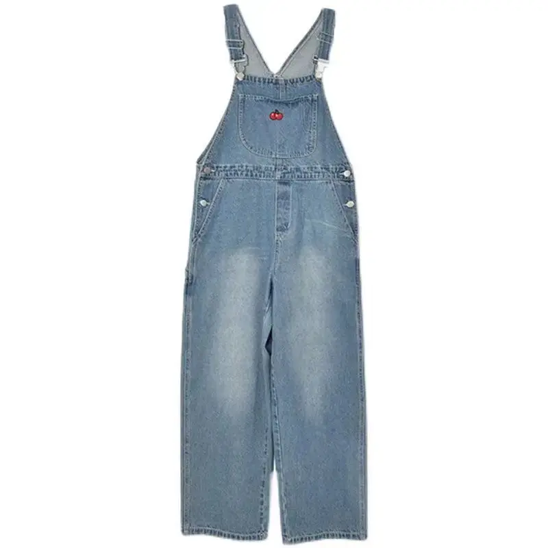 Braces Trousers Cherry Embroidered Women New Vintage Baggy Denim Braces Trousers High Street Straight Loose Wide-Leg Pants