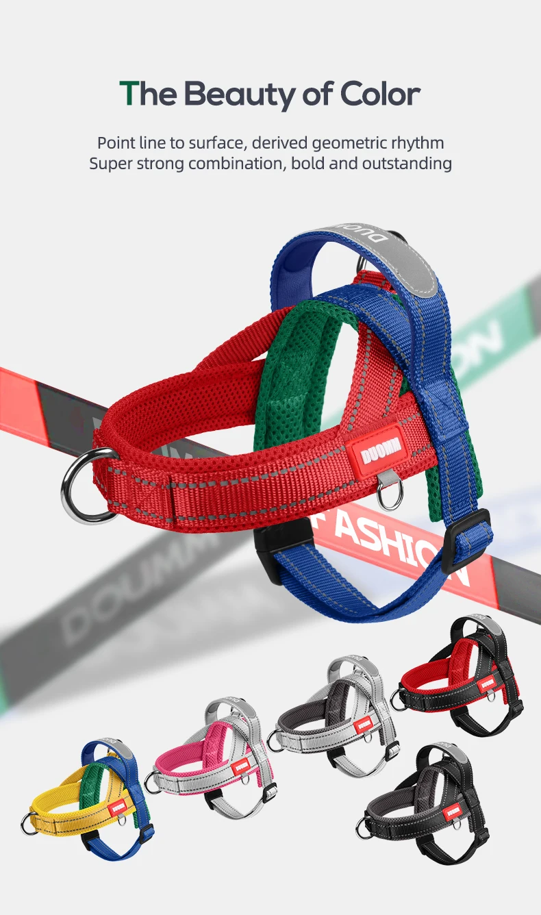 Detalhe do peitoral canino com foco em toque confortável e ajuste para passeio