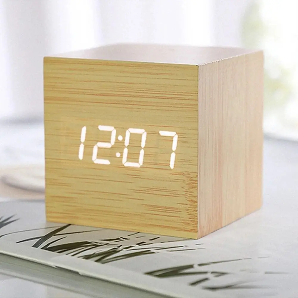 Voice Control Square Digital LED Alarm Clock Retro USB/AAA Powered Glow Clock Wood Multifunctional Desk Clock Gift 3