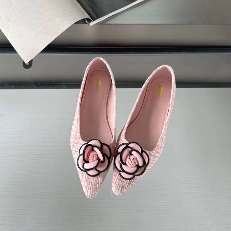 Ladies Flat Shoes Pink Pointed Toe Mary Jane Shoes Comfort Low Heeled Pumps 3D Flowers Black Flats High Heels Chusseure Femme
