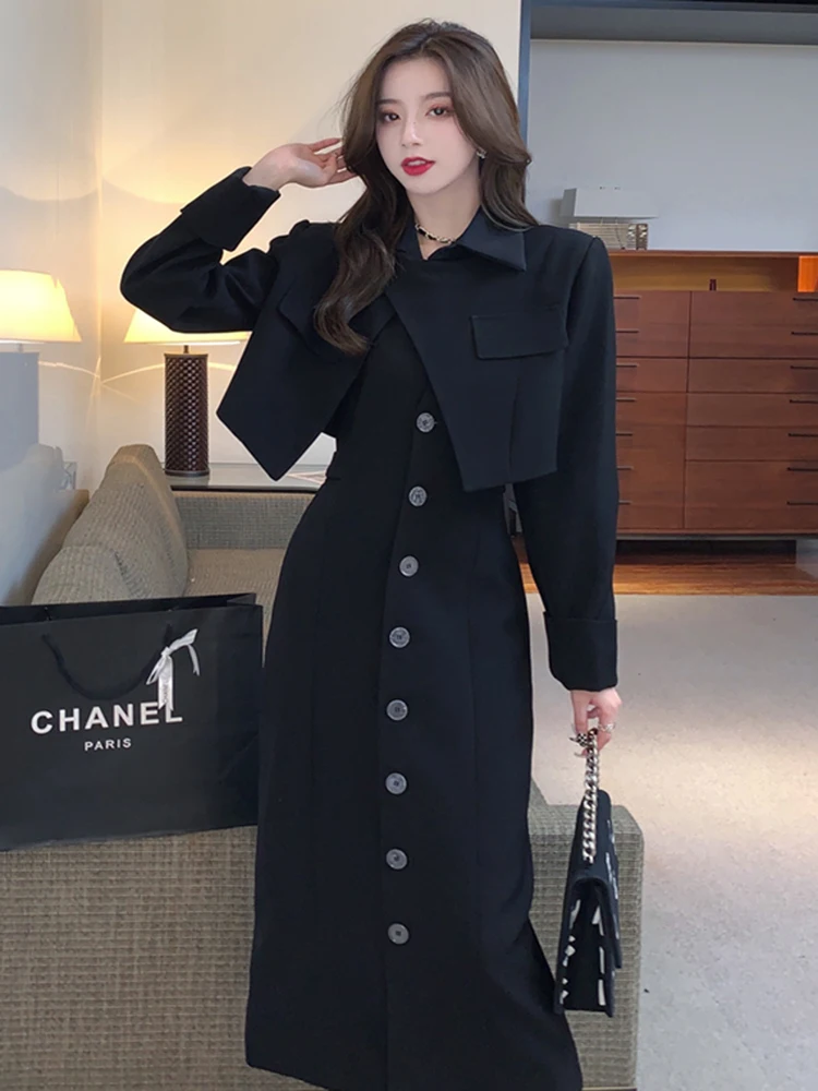 

Высококачественное элегантное женское шикарное дизайнерское платье из двух частей, новое весенне-осеннее лоскутное платье с длинным рукавом