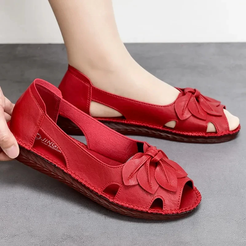 2024 New Summer Red Casual Sandals Women Shoes Sandalia Mom Leather Wedge Heel Comfort Sandals Larger Size 35-42