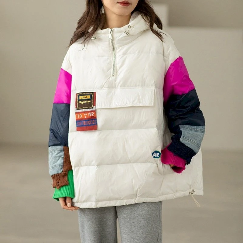 de Invierno para mujer, diseño de media cremallera, abrigos de empalme con capucha, chaquetas de plumón de pato blanco, Parka holgada informal, ropa Y2k| | - AliExpress