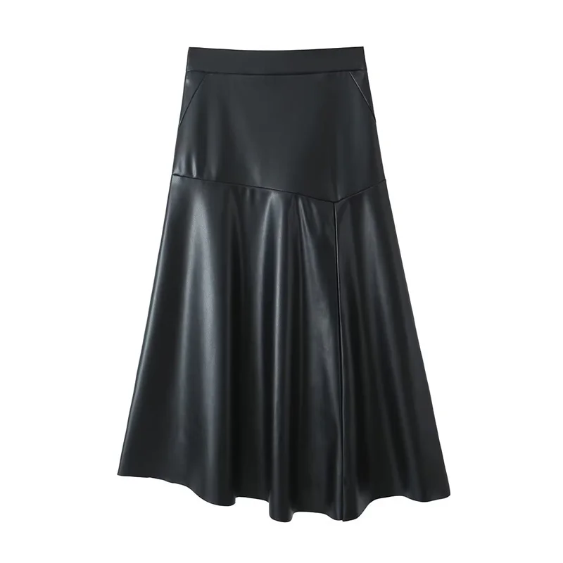 

2023 New Women Black Midi Imitation Leather Half Skirt Autumn/Winter Fashion High Street Versatile Half Skirts