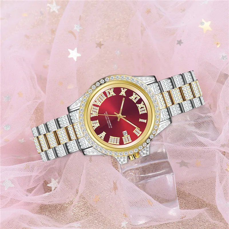 Men Big Original Brand Diamond Luxury Watches Fashion Alloy Band Hip Hop Golden Date Quartz Watch Reloj Hombre Acero Inoxidable