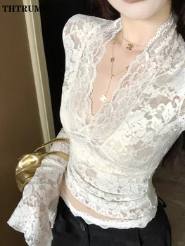 Sexy V-Neck Sheer T-Shirts Fashion Women Flare Long Sleeve Spring Lace Slim Pullovers Tops Casual Evening Party Club Chic Tees 1