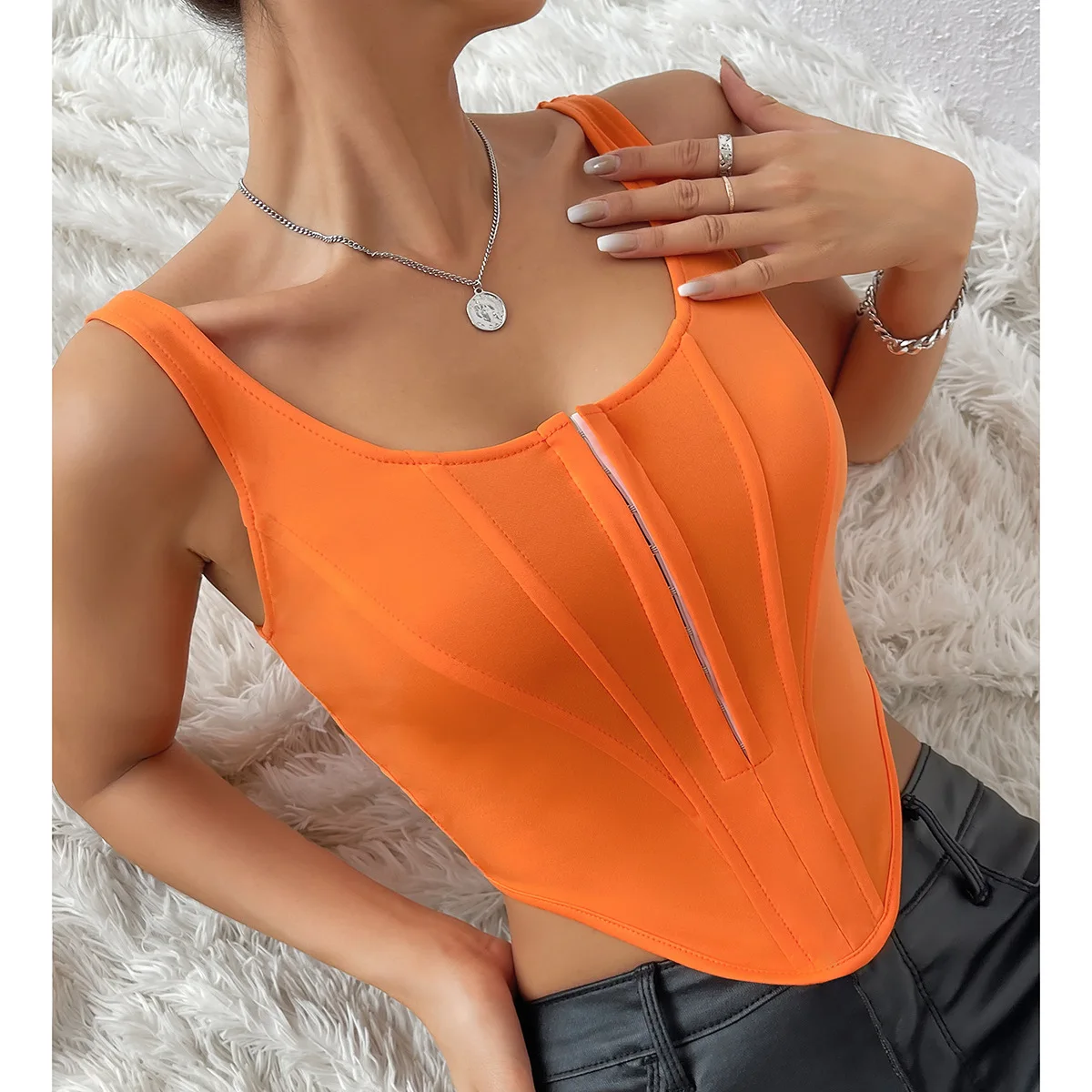 2024 Summer Sexy Female Orange Corset Cropped Top Backless Short Tank Casual Elegant Women's Clothes Vest Party Streetwear Camis