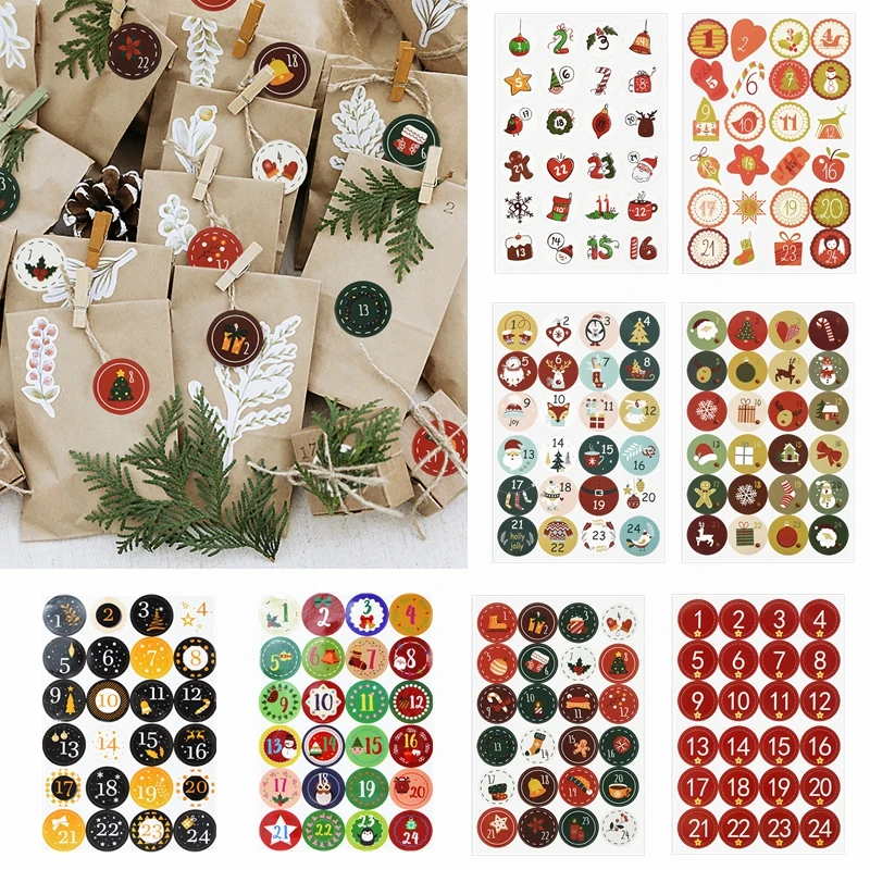 24pcs Merry Christmas Advent Calendar Number Paper Stickers 1~24 DIY Gifts Packaging Labels Xmas Decor