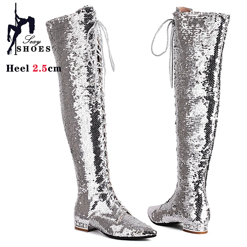 Women Sexy Long Black Boots Autumn Winter Low Heel Party Shoes Shiny Sequined High Heels Lace-up Over the Knee Boots Large Size
