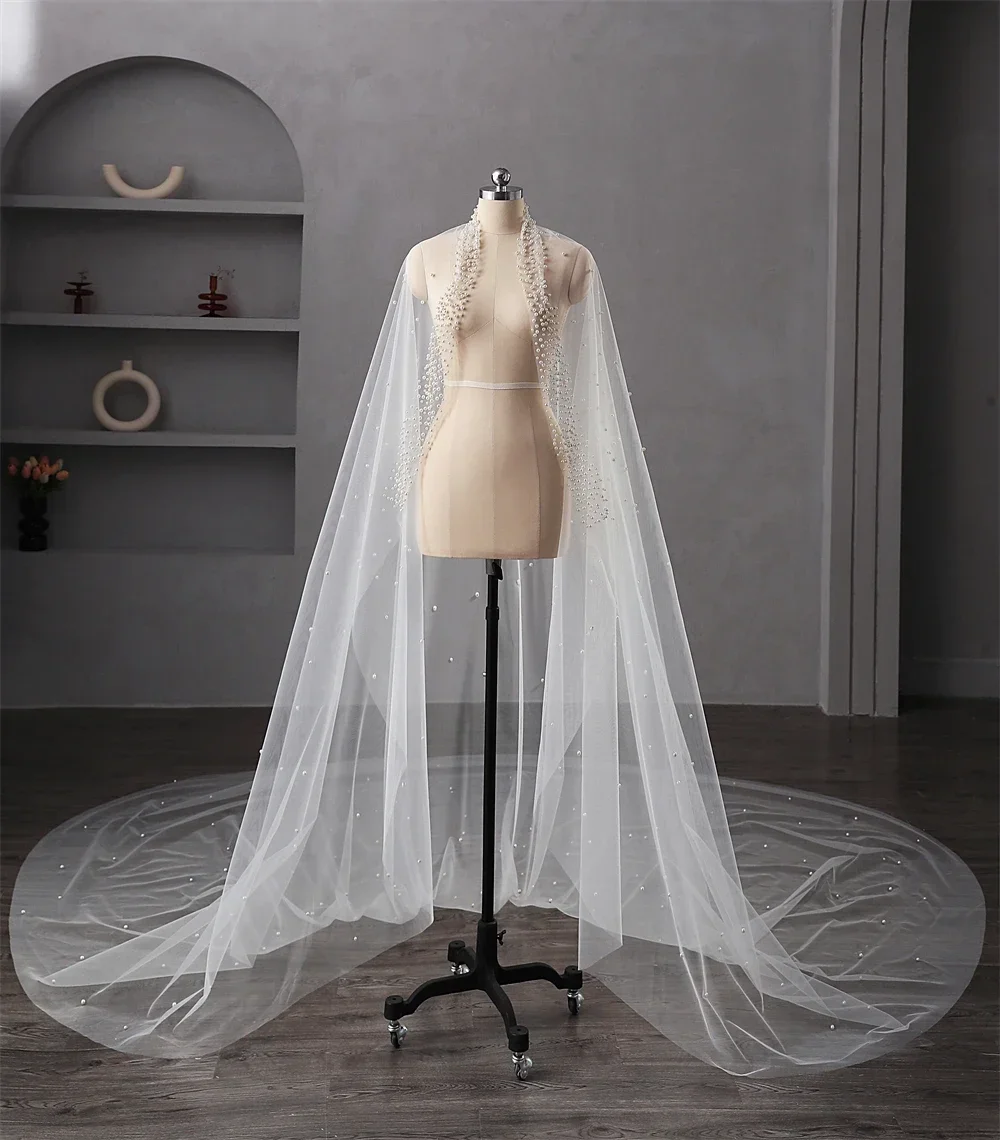 Pearls Wedding Veil 1 Layer Long Bridal Cathedral Veil With Pearls Mantilla Luxurious Tulle Crystal Bride Hair Accessories bridal veil