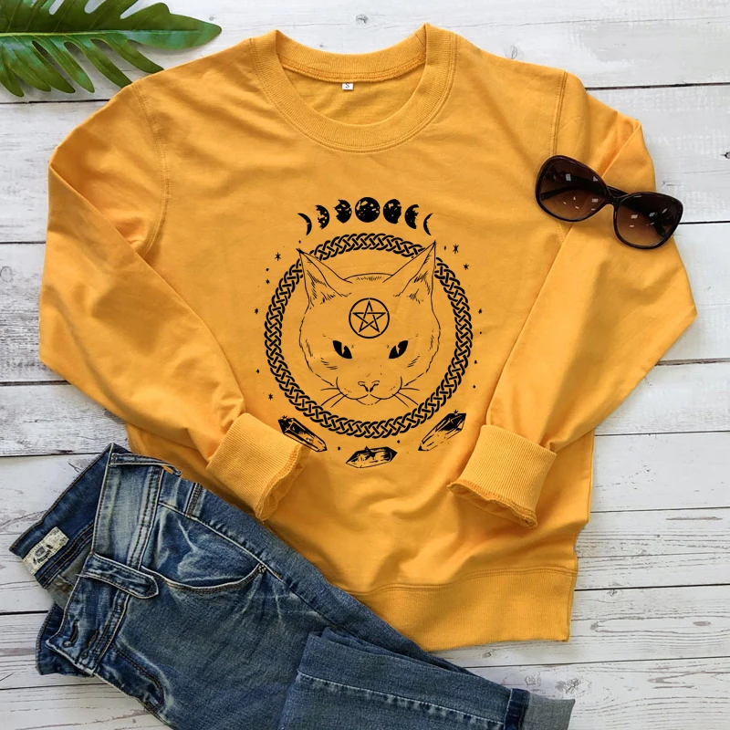 

Женский свитшот с длинным рукавом, винтажный пуловер с изображением лунной фазы и ведьмы