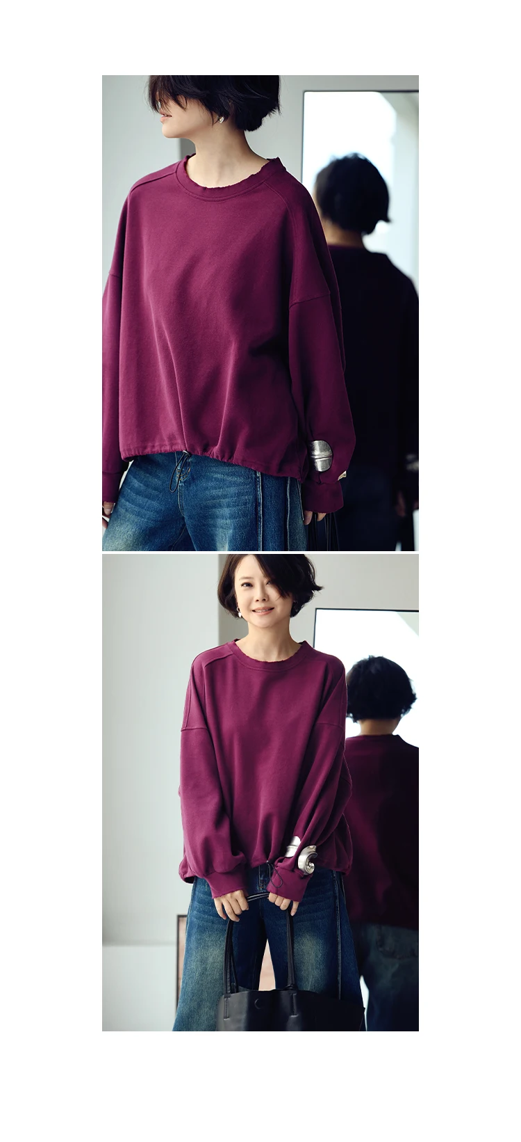 R7151C Artistic Retro Brushed Drawstring Round Neck Pullover Loose Batwing Sleeve Short Sweatshirt for Women Autumn