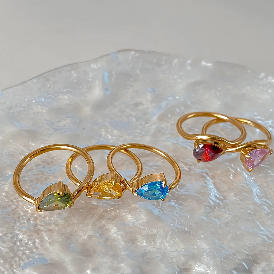 18K vergoldete Edelstahl-Geburtssteinringe für Damen, tropfenförmiger Zirkon, bunter Schmuck als Geschenk zum Jahrestag oder Geburtstag – Detail 8