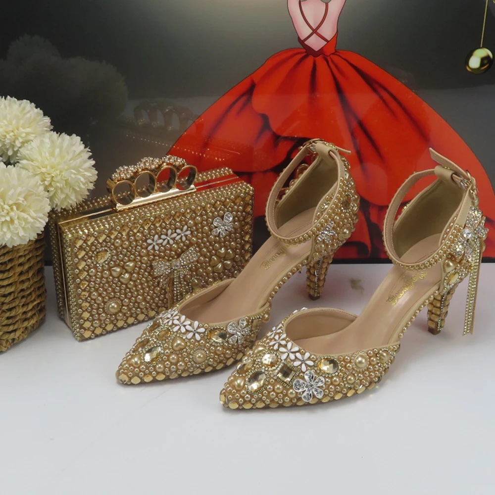 BaoYaFang Champagne Gold Crystal Bridal wedding shoes and Bag