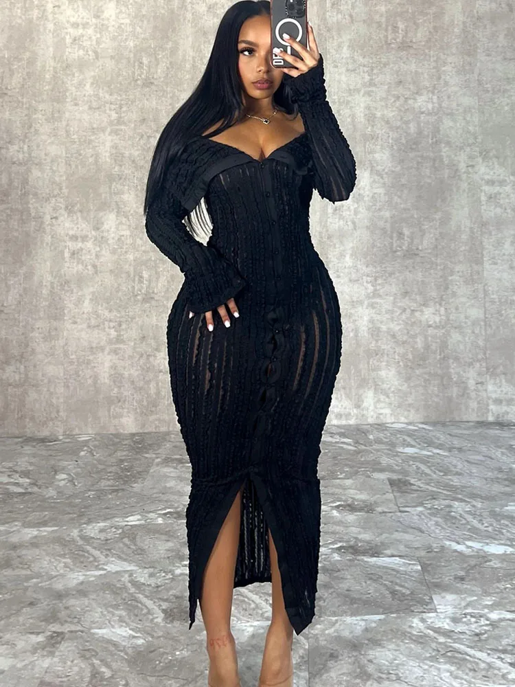 Beyprern Women's Chic Pleated Midi Dress Off Shoulder See-Through Fitted  Ruched Party Dress Night Club Outfits Clubwear - AliExpress 200000345