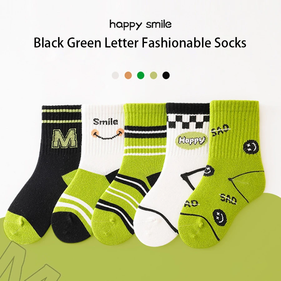 5 Pairs/Lot Children's Socks Autumn Winter Green Letters Korean ins Style Boys And Girls Socks Casual Comfortable Kids