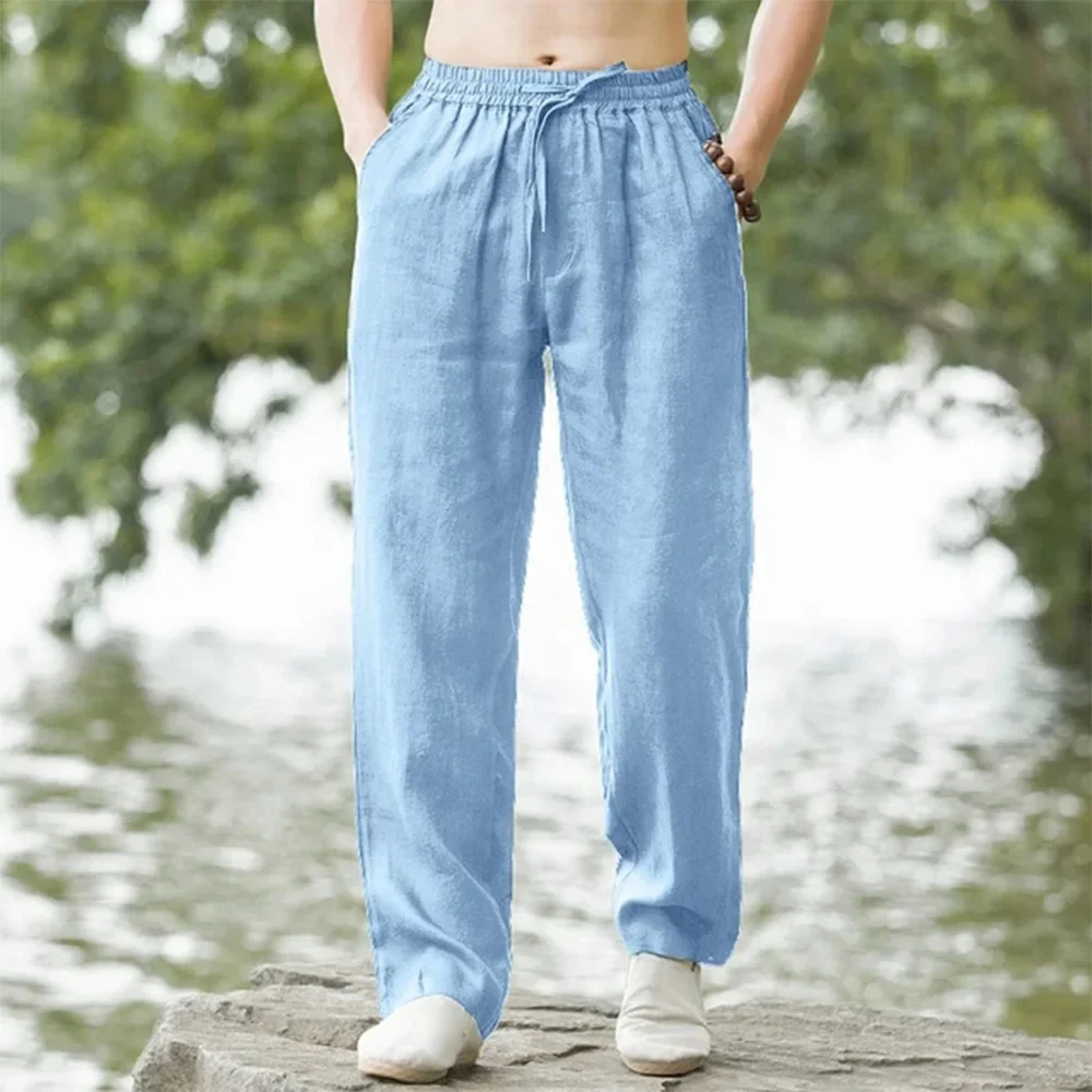 Men’s cotton linen beach pants in loose jogger style, casual sweatpants for Hawaiian vacation and summer streetwear