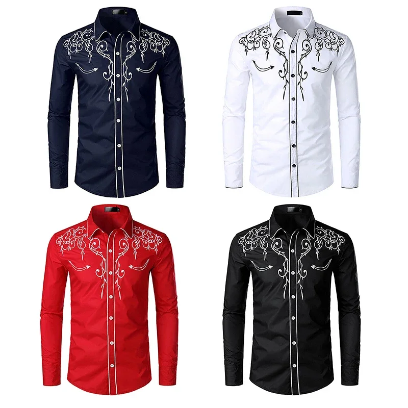 New Men's Retro Embroidered Shirt Western Cowboy Long Sleeve Slim Shirt Fashion Casual Button Stand Collar Party Business Shirt