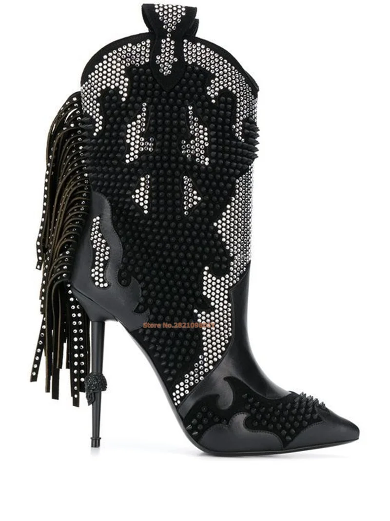 

Black Embellished Cowboy Short Boots Tassel Women High Heel Pointed Toe Pointy Thin Heeled Sparkle Western Boot