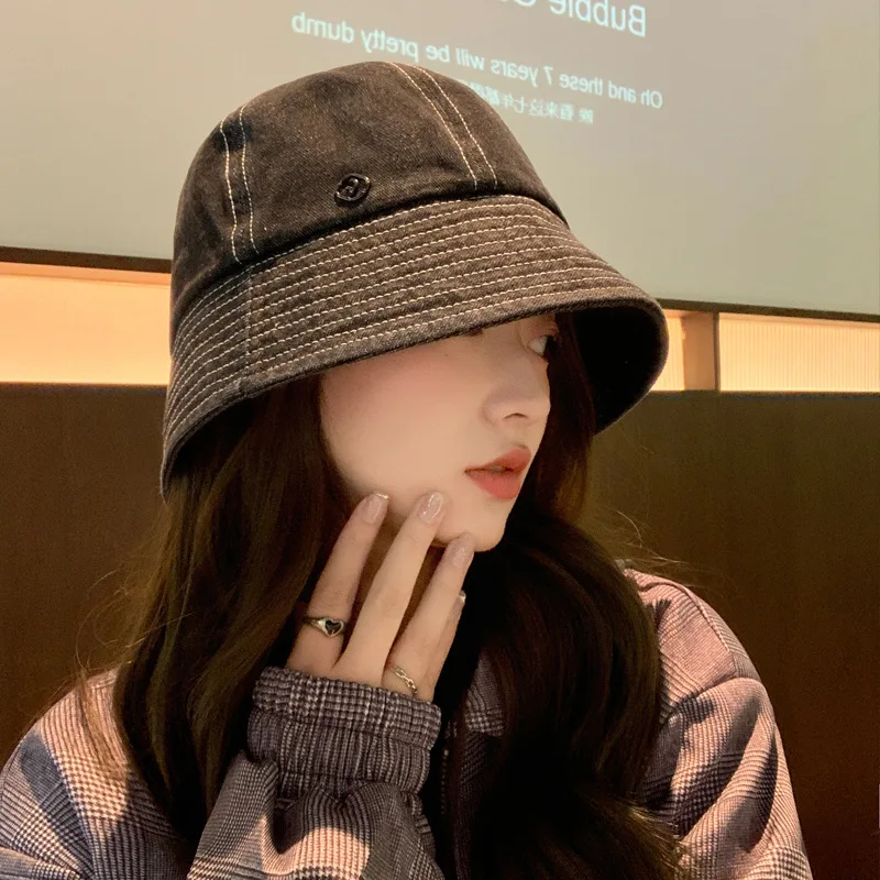 여성용 카우보이 모자, 퓨어 컬러, 두꺼운 카우보이 어부 모자, 눈에 띄는 얼굴, 작고 따뜻한 버킷 모자, 용수철 가을 신상