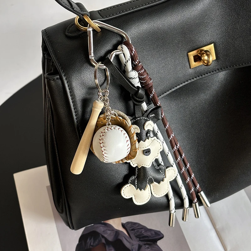 Cute Schnauzer Cartoon PU Leather Keychain for Women Dog Puppy Pendant Backpack Ornament Keyring Animal Shaped Key Chain