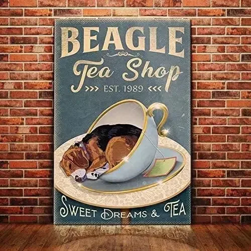 Beagle Dog Metal Tin Signs Tea Shop Sweet Dreams & Tea Print Poster School Garden Farm Table Garage Bar Club Kitchen