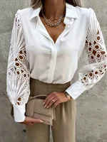 Plus Size 1XL-5XL Women's Elegant Lace Blouse Button Ladies Fashion Long Sleeve Lace Splicing Blouse Shirt - Image 3