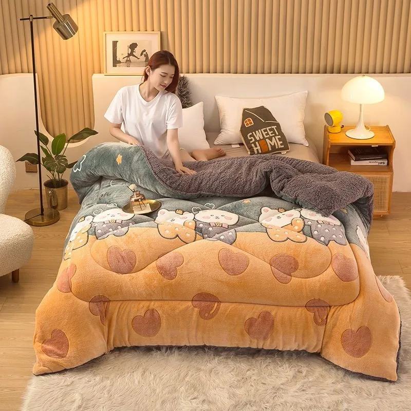 

Теплое стеганое одеяло, пушистое двухстороннее одеяло из полиэстера и флиса с наполнителем из перьев, зимнее одеяло