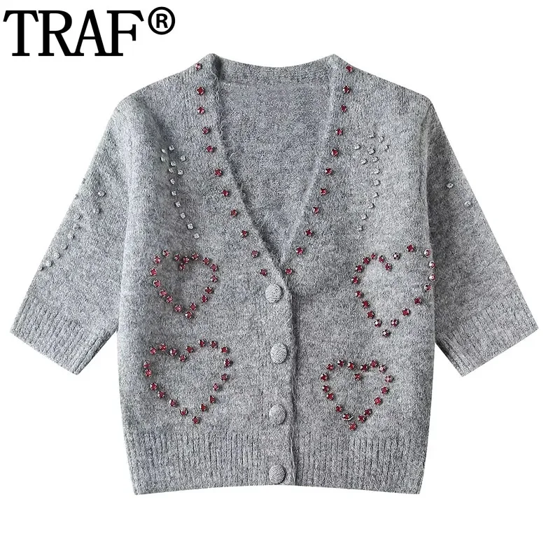 

TRAF Grey Knitted Cardigan For Women Beaded Hearts Cropped Cardigan Woman V Neck Short Sleeve Cardigans Button Up New Sweaters