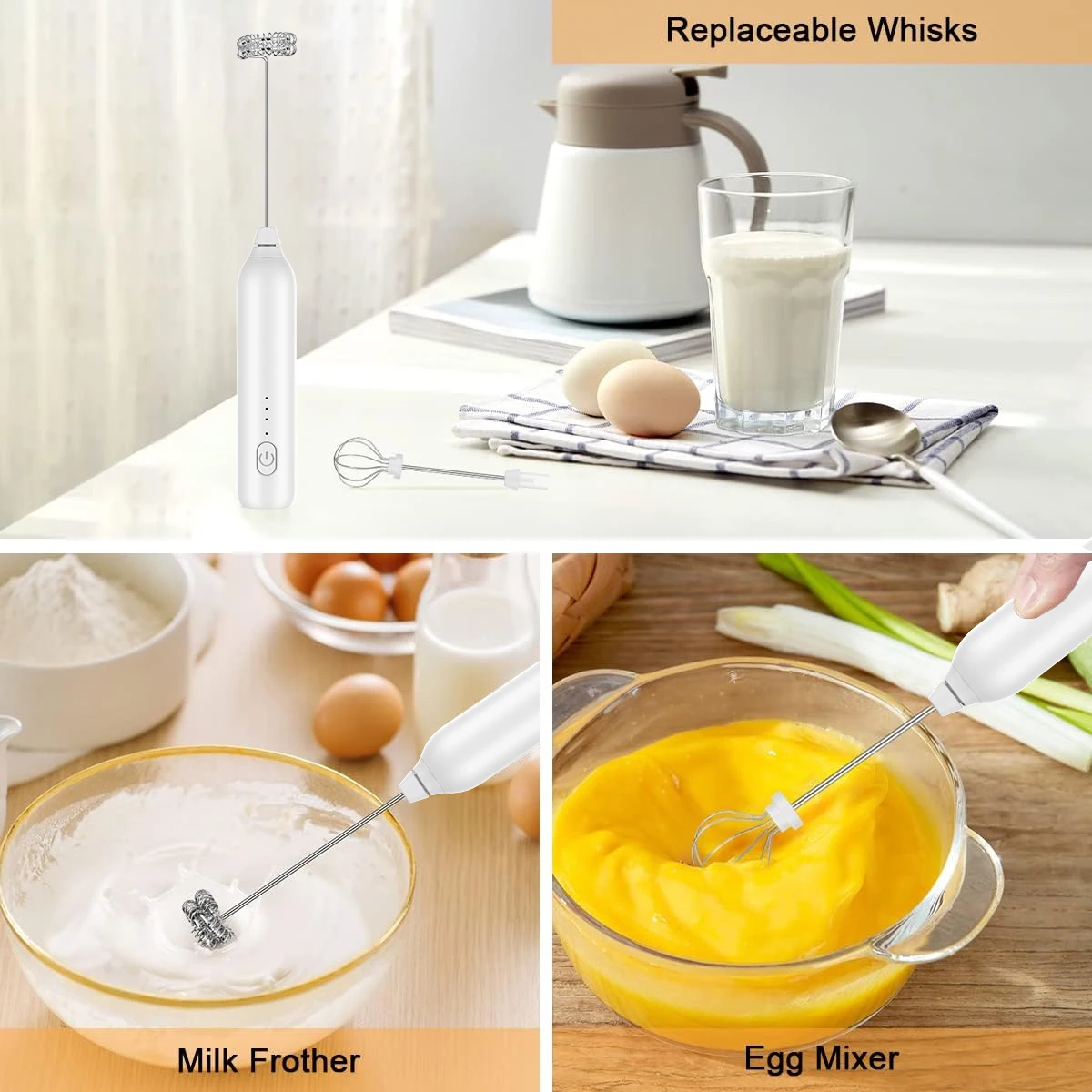 Milk Frother, 3-Speed Electric Frother for Coffee with Whisk and Frother, USB Rechargeable Milk Foamer Maker