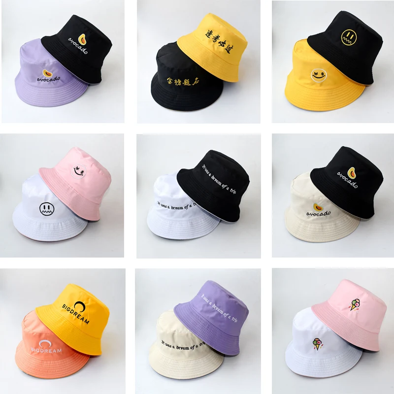 Bucket-Hats-Women-Letter-Embroidered-Double-sided-Fisherman-Hat-Korean ...
