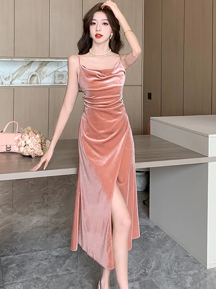 Women Pink Velvet Luxury Party Vestidos 2025 New Korean
