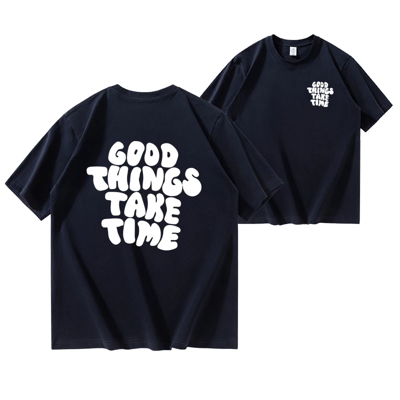 Gode ting tar tid Mønstertrykk Behagelig T-skjorte, Grafisk T-skjorte sommer utendørsklær, Herreklær, Overdeler for menn_voghion.com