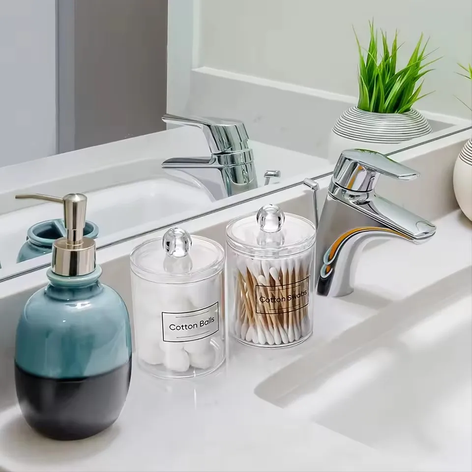 4 Pack Acrylic Qtip Holder Dispenser for Cotton Swabs, Balls, Pads, Floss Picks- Small Clear Vanity Makeup Storage Box Organizer 6