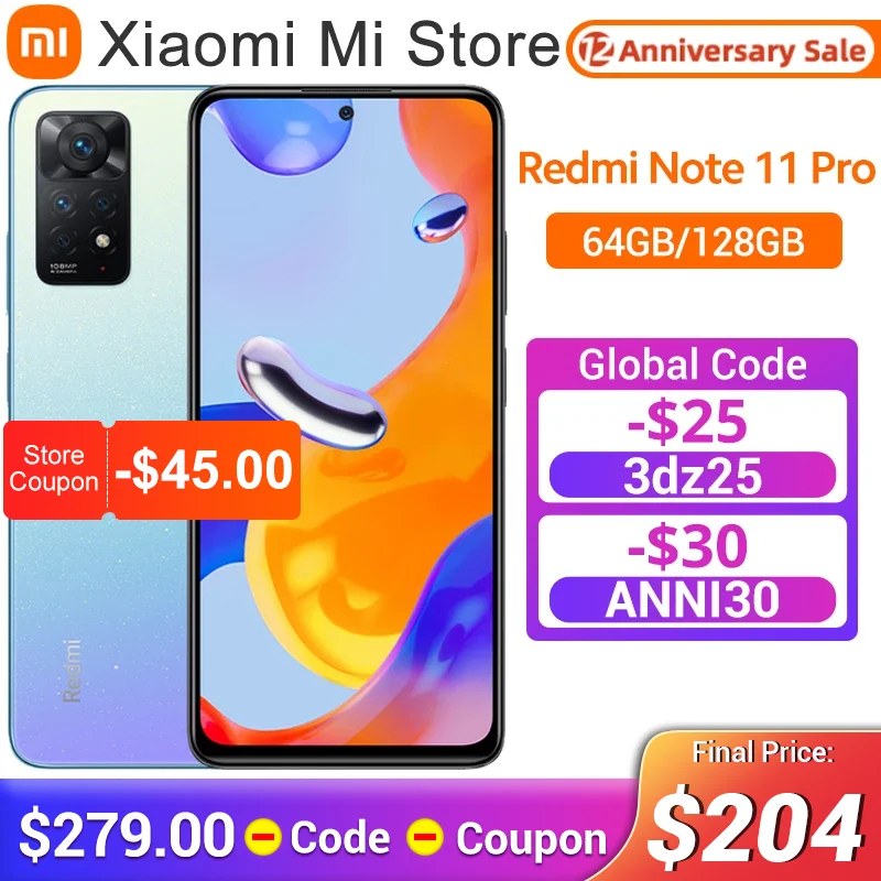 Global Version Xiaomi Redmi Note 11 Pro Smartphone 64/128GB MTK Helio G96 Octa Core 108MP Camera 120Hz Display 67W Fast Charging - Xiaomi for Smart home