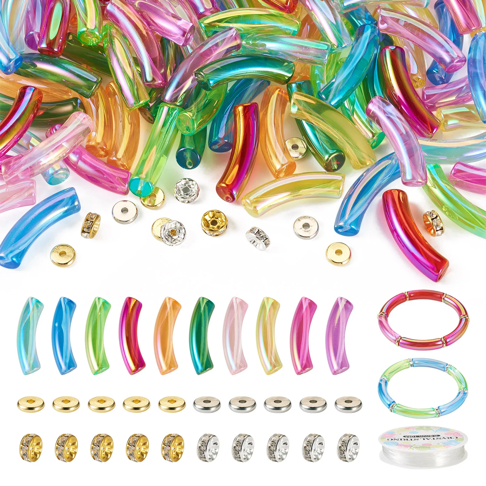 아크릴 곡선 튜브 비즈 스트레치 팔찌 제작 키트, 황동 라인석 스페이서 비즈, ..