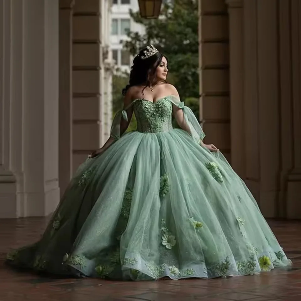 Sage Green Sweet 15 Dress Ball Gown Quinceanera Dress 3D Flowers Glittering Pageant Vestidos De Xv A&ntilde;os Caped