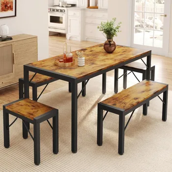 Dining Table Bench Stool Set for 6 1
