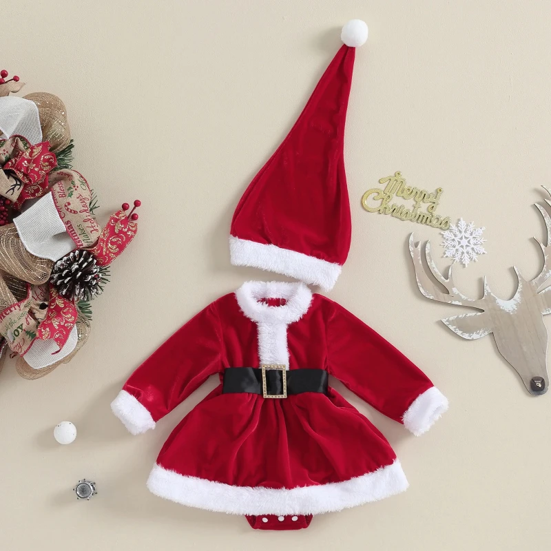 

Cosplay 0-24M Christmas Newborn Infant Toddler Baby Girl Red Romper Velvet Santa Jumpsuit + Hat Outfits Xmas Costumes New