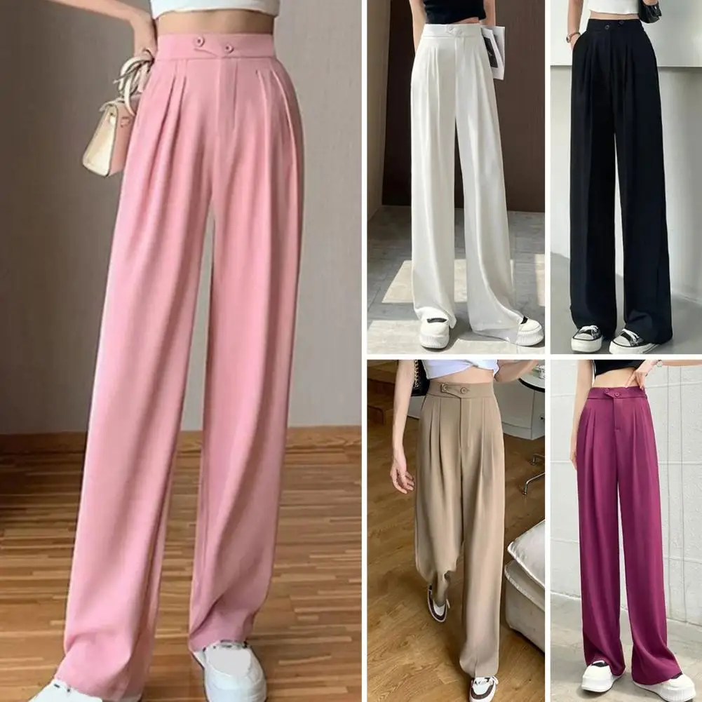 Women Pants Solid Color Elastic Waist Wide Leg Ladies Pants Loose Button Closure Summer Pants Trendy Wide Leg Lady Trousers