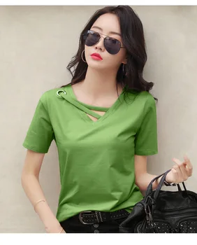 Sexy V-neck Solid Design Short Sleeve Tops Korean Casual Trendy Top Women New 2024 Summer Popular T Shirt for Women 1