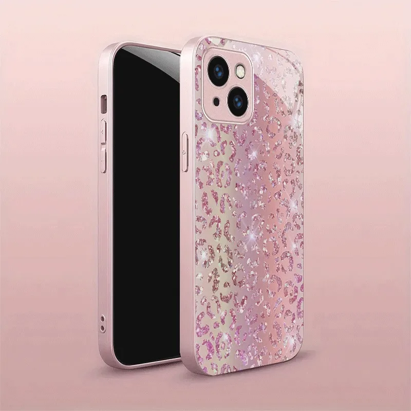 Shiny Pink Leopard Print Metallic Tempered Glass Phone Case