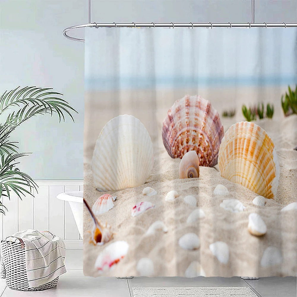 

3D Ocean Landscape Shower Curtain Beach Shell Starfish Sea Waves Scenery Waterproof Bath Curtains Home Decor Bathroom Screen