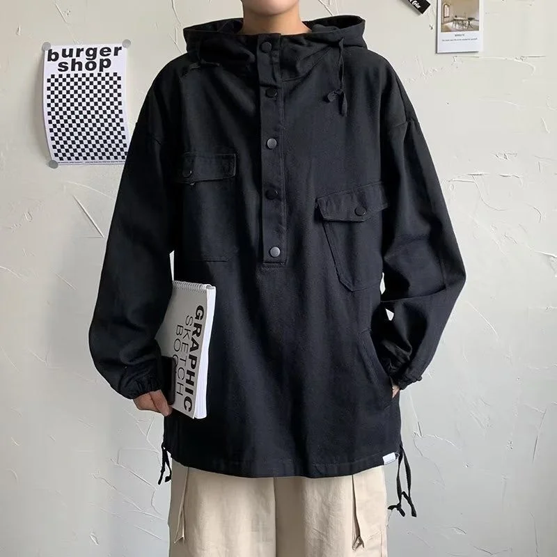 

Autumn Pullover Jackets Men Fashion Retro Pocket Hooded Jackets Mens Japanese Streetwear Hip Hop Loose Bomber Jacket Men M-3XL