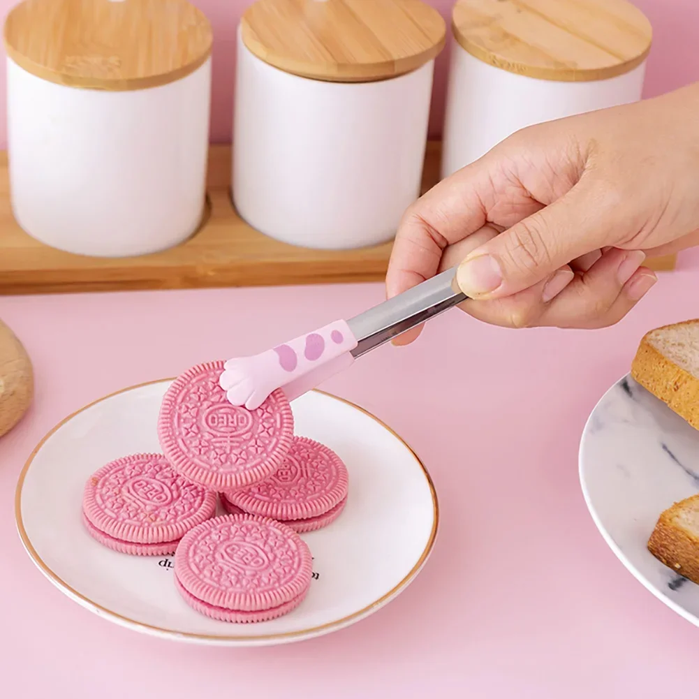 Cute Cat Paw Shape Food Tongs Cute Cartoon Meal Tongs Stainless Steel Barbecue Sandwich Baking Clip Kitchen Gadgets