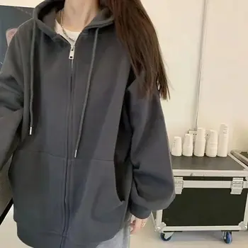 Autumn Fashion Solid Zipper Hoodie Women Warm Fleece Hooded Sweatshirt Casual Street Pocket Sportswear Oversized Female Clothing